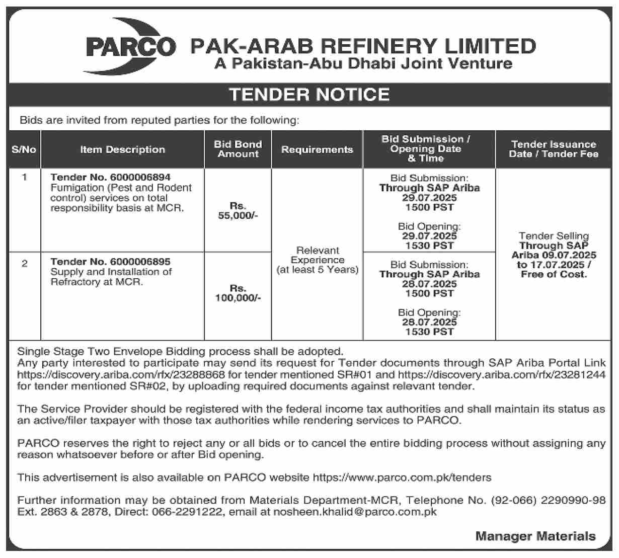 Pak Arab Refinery Limited Tender Notice